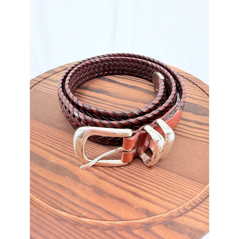Vintage Fossil Brown Braided Woven Leather Belt Silver Buckle 32 Equestrian